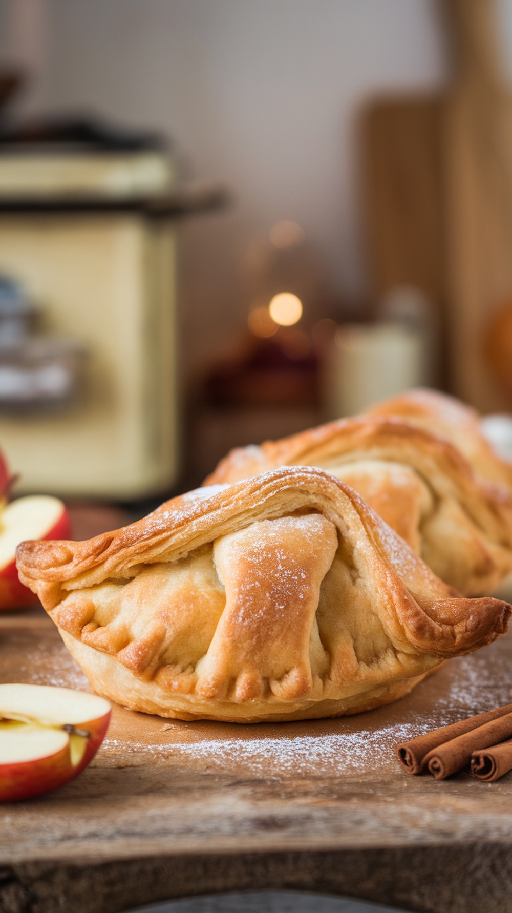 Golden brown apple turnover dusted with powdered sugar on a wooden table with apple slices and cinnamon sticks.