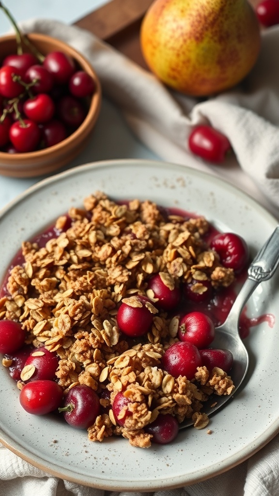 A plate of cranberry-pear crisp topped with oat mixture, surrounded by fresh cranberries and a pear.