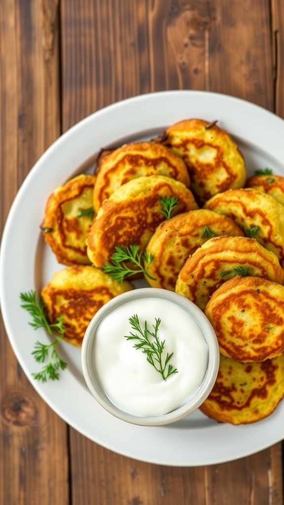 Crispy zucchini fritters served with dill yogurt dip on a rustic wooden table.