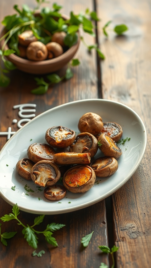 Plate of roasted mushrooms garnished with herbs on a wooden table