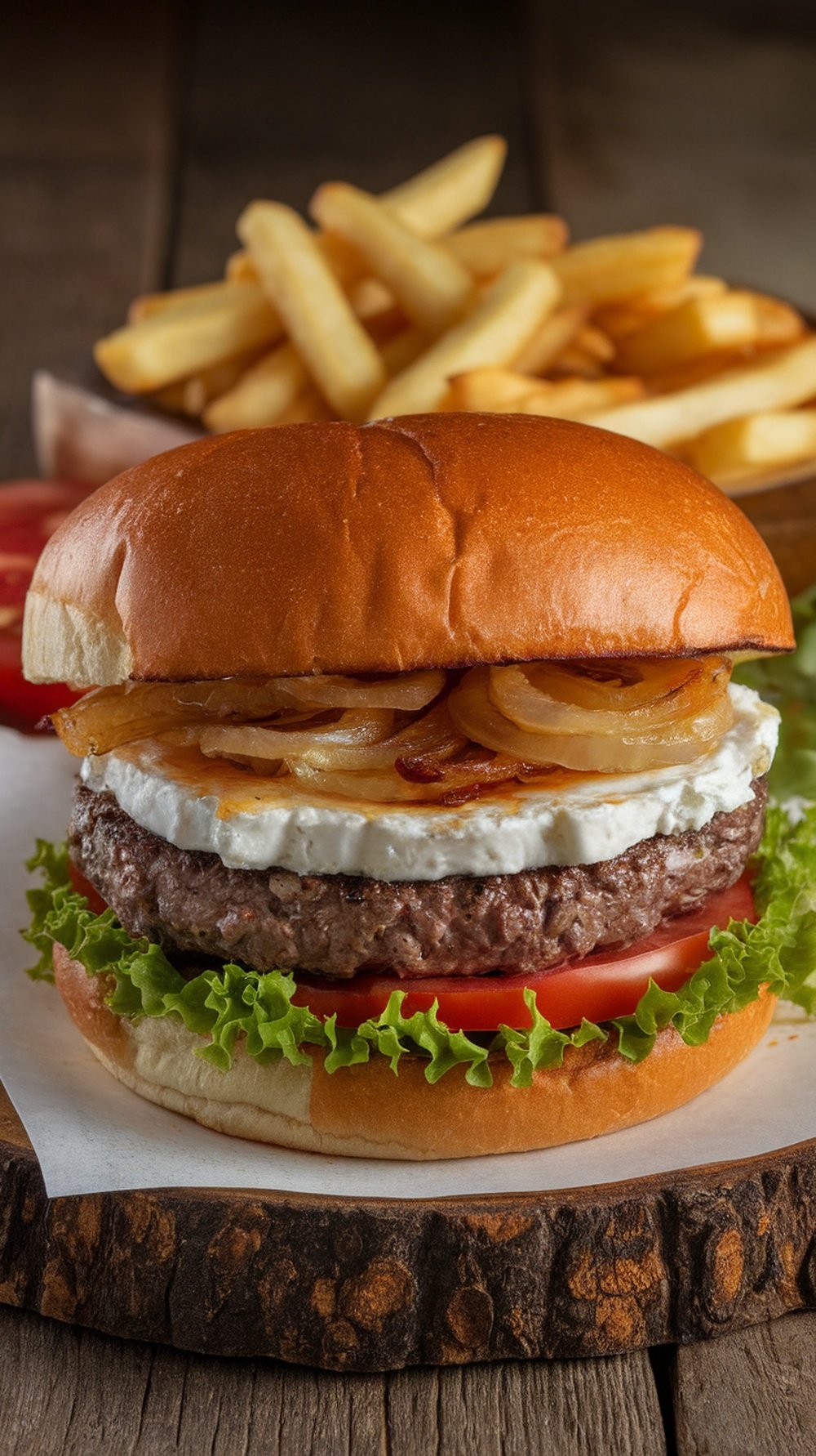 A Spanish-style smash burger with goat cheese and caramelized onions on a toasted bun, served with fries.