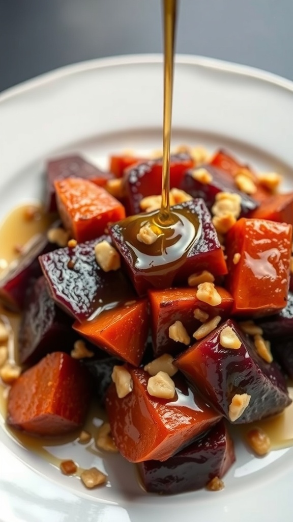 A plate of candied purple sweet potatoes drizzled with maple syrup and topped with chopped nuts.