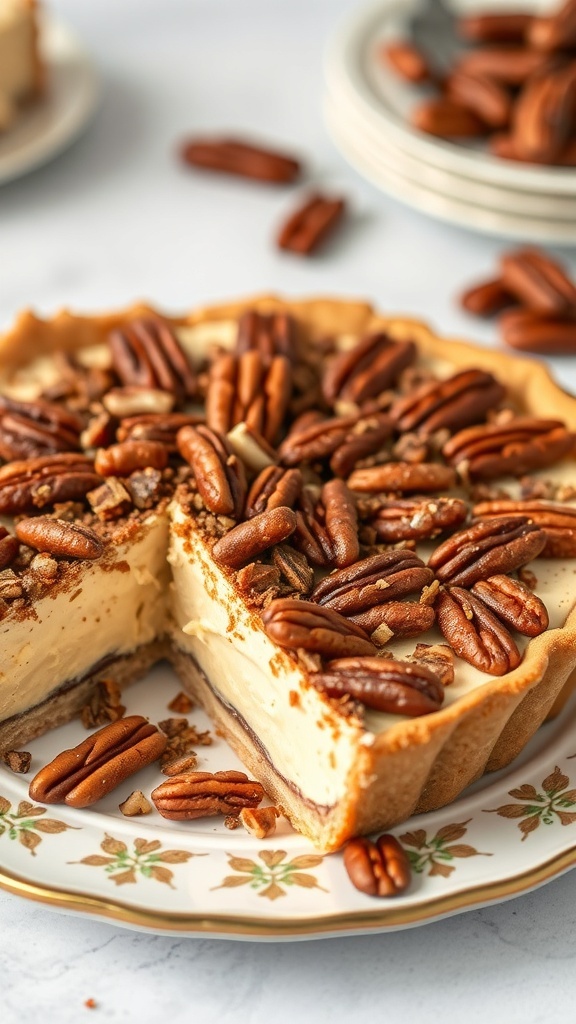A delicious pecan cream pie topped with toasted nuts, showcasing a creamy filling and a flaky crust.