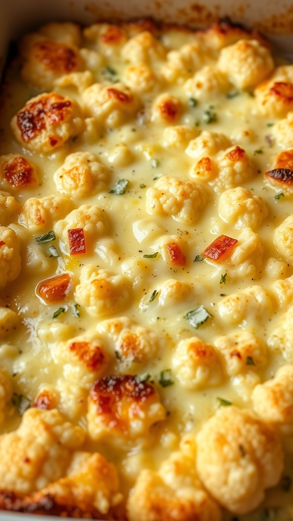 A bubbling dish of cheesy baked cauliflower gratin with a golden brown top.