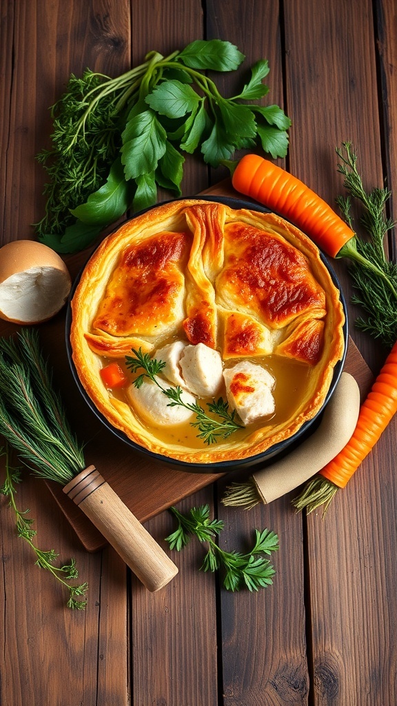 A savory turkey pot pie with a flaky crust, surrounded by fresh herbs and vegetables.