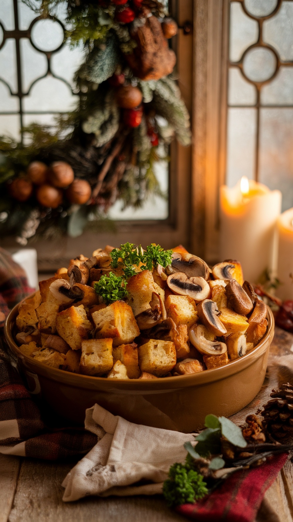 Sourdough Stuffing with Caramelized Onions and Mushrooms Sourdough stuffing with caramelized onions and mushrooms, garnished with parsley, served in a rustic dish.