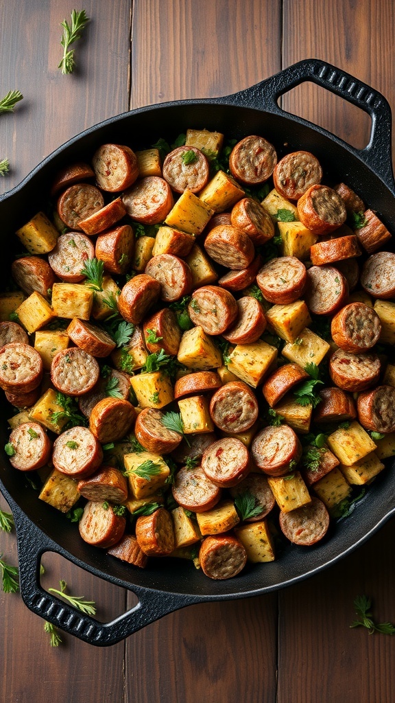 A skillet filled with sausage and herb stuffing, featuring golden sausage slices and bread cubes mixed with fresh herbs.