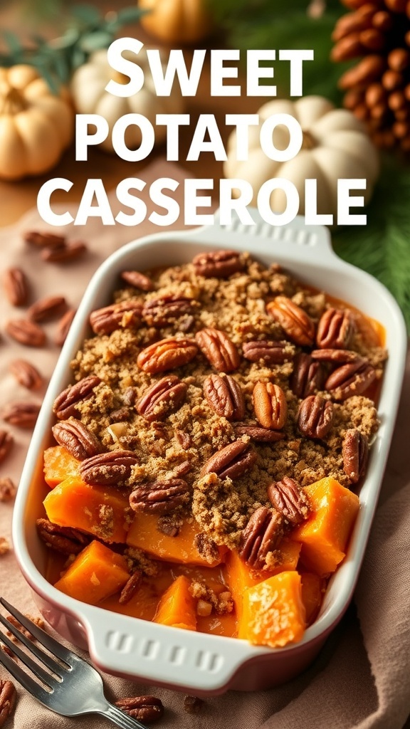Sweet Potato Casserole topped with pecans in a baking dish