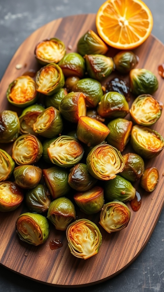 A wooden platter filled with roasted Brussels sprouts drizzled with orange-ginger glaze, garnished with a halved orange.