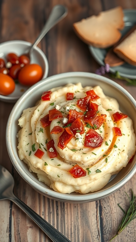 A bowl of creamy mashed potatoes topped with crispy pancetta and fresh herbs, served with cherry tomatoes and slices of bread on a wooden table.