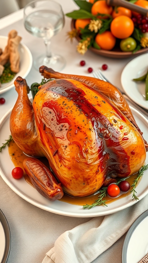 A beautifully roasted turkey glazed with maple syrup, garnished with herbs and served on a white platter.