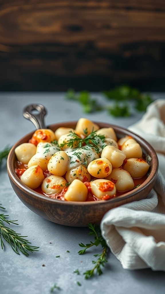 A bowl of gnocchi gratin topped with cheese and herbs, served warm.