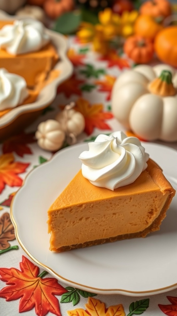 A slice of pumpkin chiffon pie topped with whipped cream on a decorative plate, surrounded by autumn decorations.