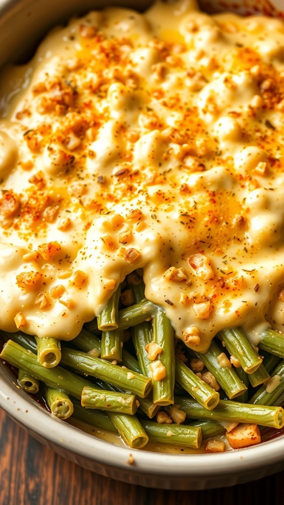 A delicious Green Bean Casserole topped with creamy Parmesan béchamel and crunchy toppings.