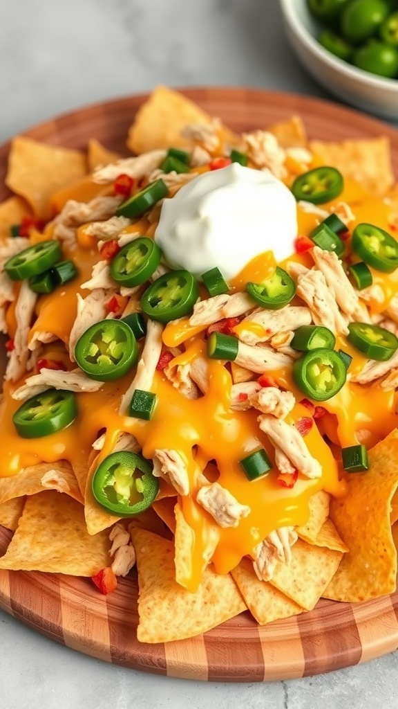 A plate of loaded nachos topped with shredded turkey, cheese, jalapeños, and sour cream.