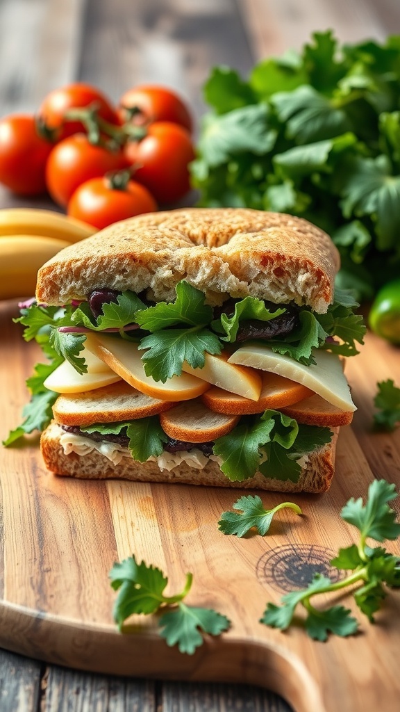 A delicious turkey and power green salad sandwich with fresh ingredients.