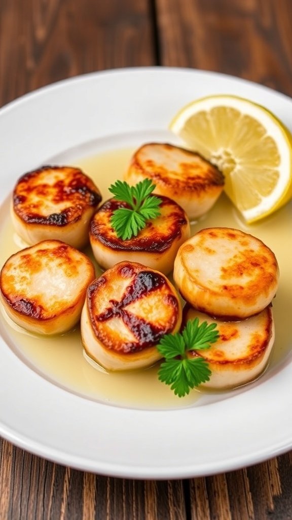 Seared scallops on a white plate, garnished with parsley and lemon, on a rustic wooden table.