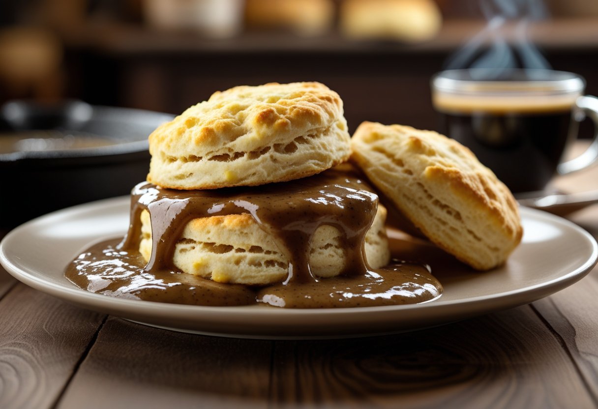 A plate of biscuits covered with red-eye gravy on a wooden table with a blurred kitchen background.