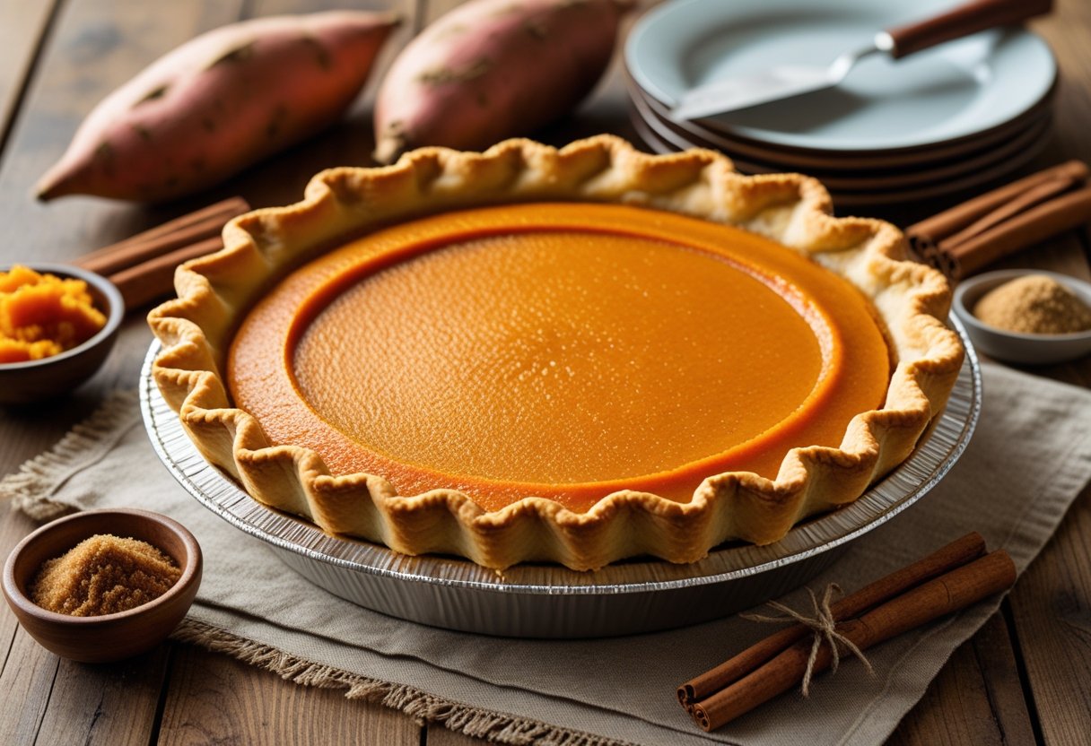A freshly baked sweet potato pie on a wooden table surrounded by sweet potatoes and spices.