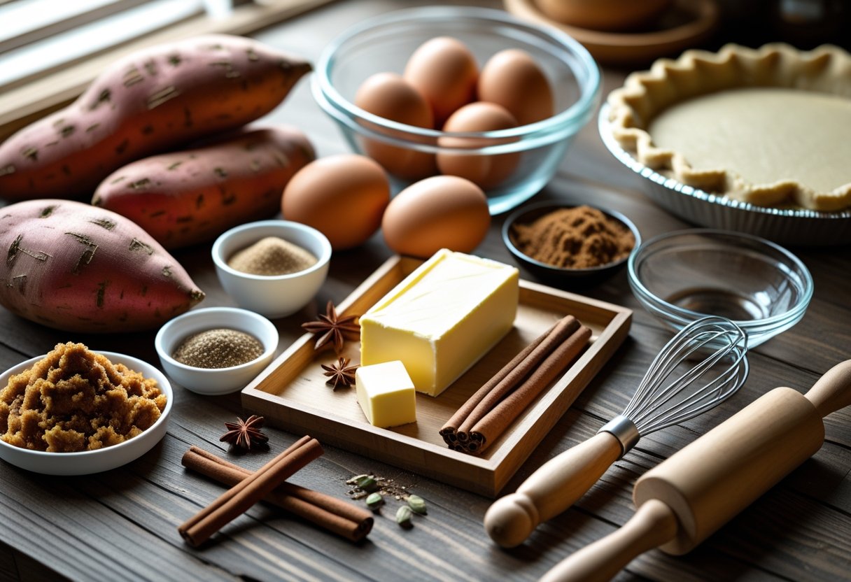 A kitchen table with ingredients and tools for making sweet potato pie, including sweet potatoes, spices, eggs, butter, mixing bowl, spoon, whisk, rolling pin, and pie dish with crust.