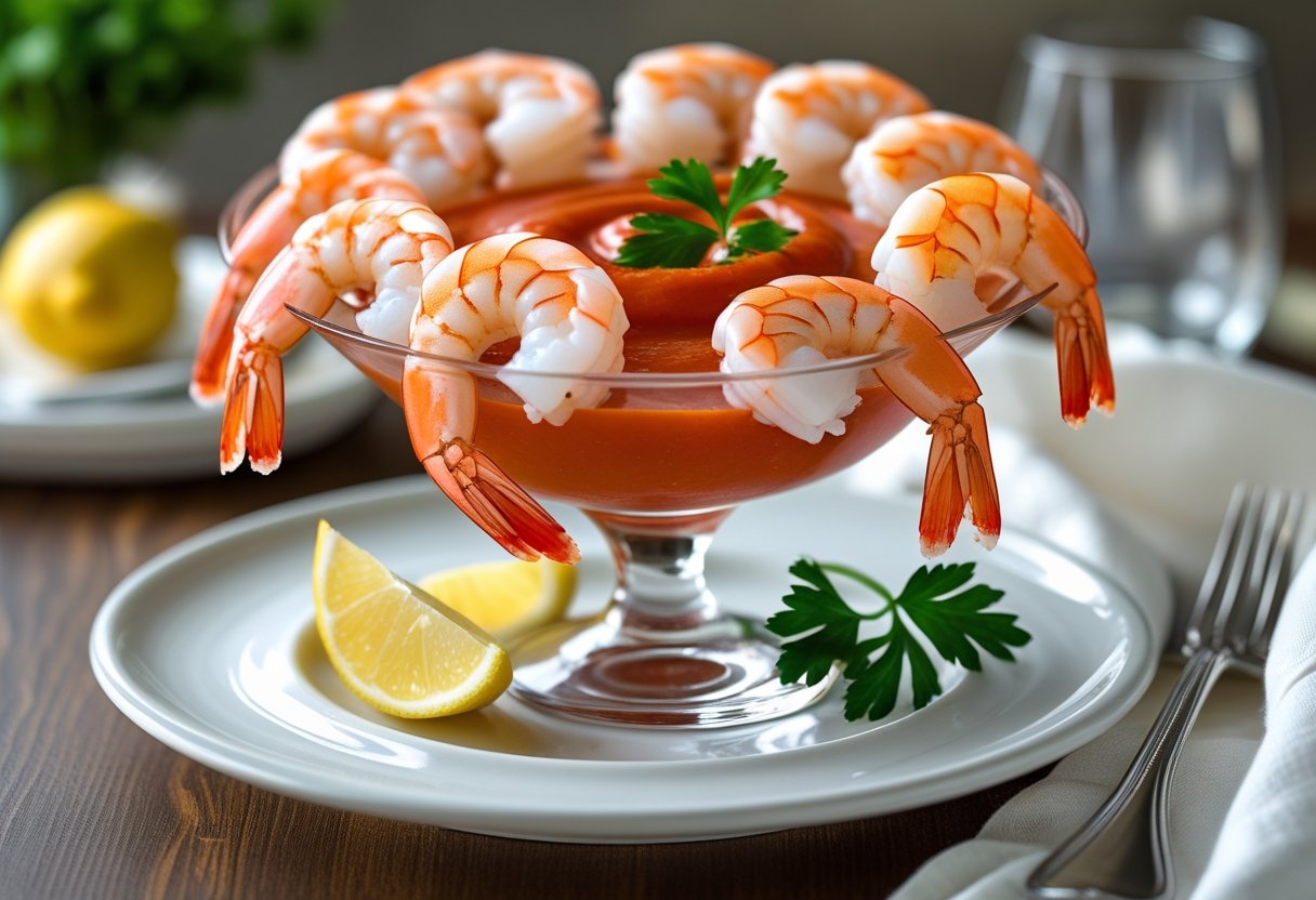 A glass bowl filled with cooked shrimp arranged around red cocktail sauce, garnished with lemon wedges and parsley on a white plate.