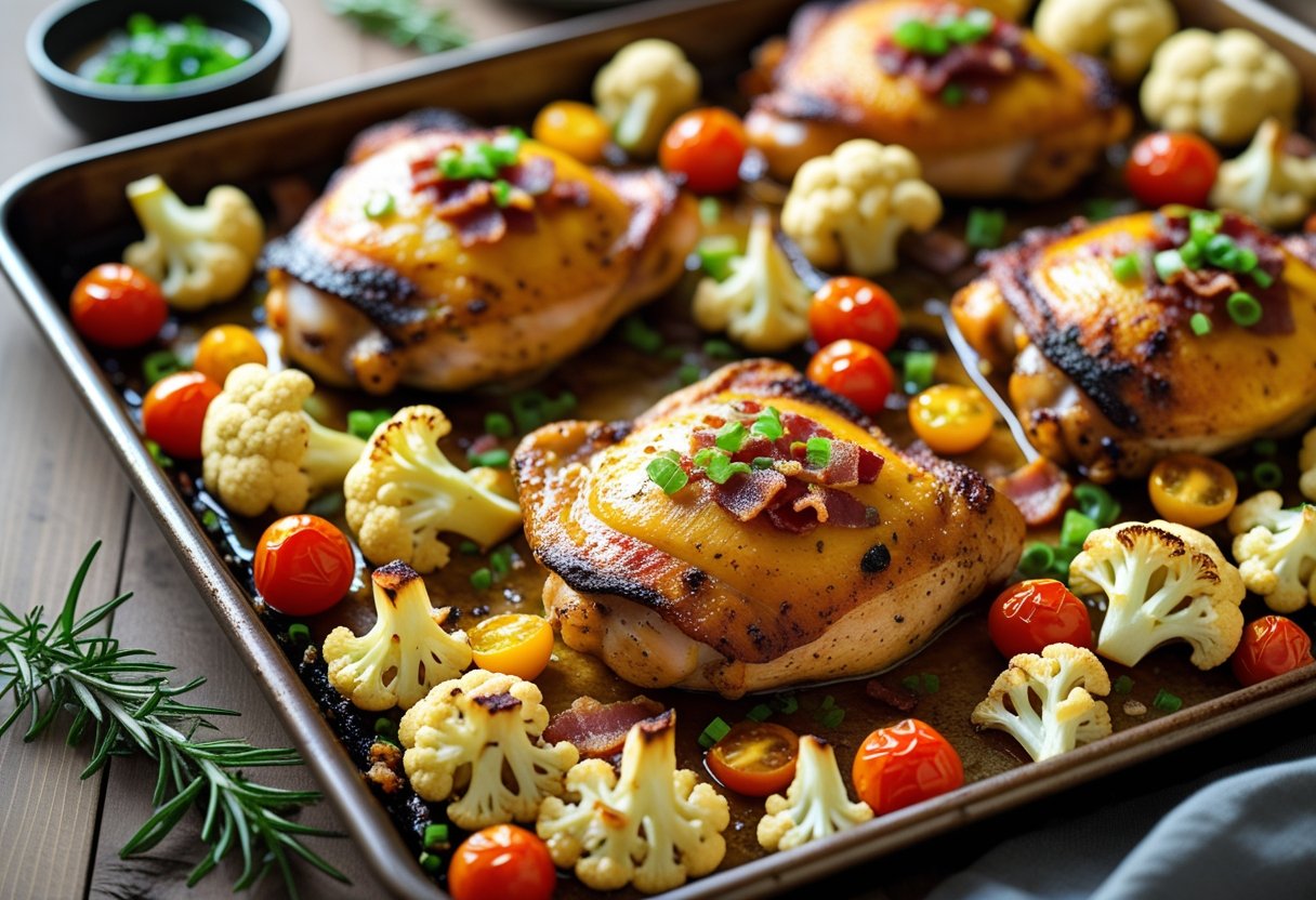A sheet pan meal with roasted chicken thighs and loaded cauliflower topped with cheese and bacon on a wooden table.