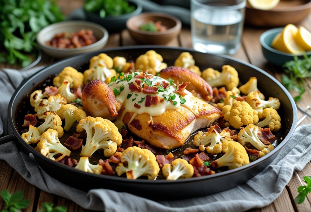 A sheet pan with roasted chicken and loaded cauliflower topped with cheese and bacon on a wooden table with kitchen items in the background.