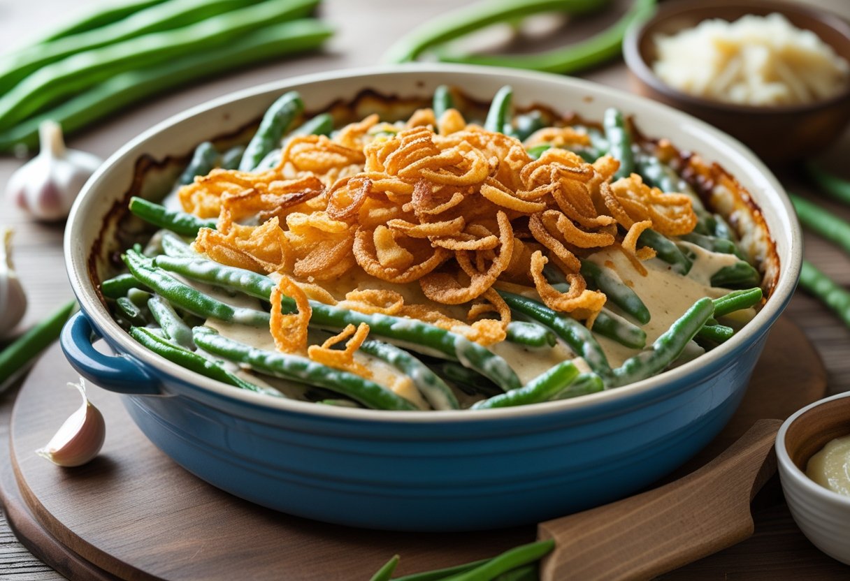 A baked green bean casserole topped with crispy fried onions in a ceramic dish on a wooden table, surrounded by fresh green beans, garlic, and Parmesan cheese.