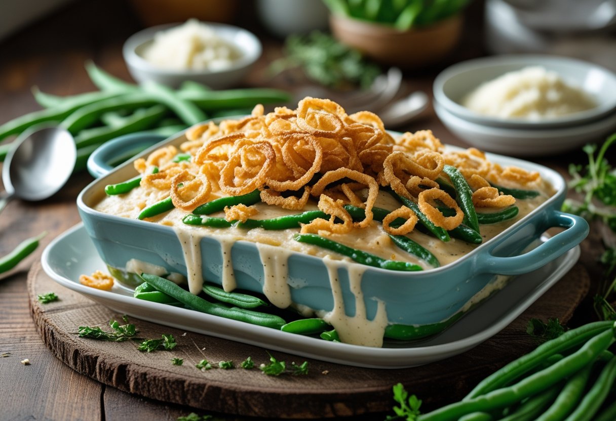 A green bean casserole topped with crispy fried onions on a wooden table, surrounded by fresh green beans and a bowl of grated cheese.