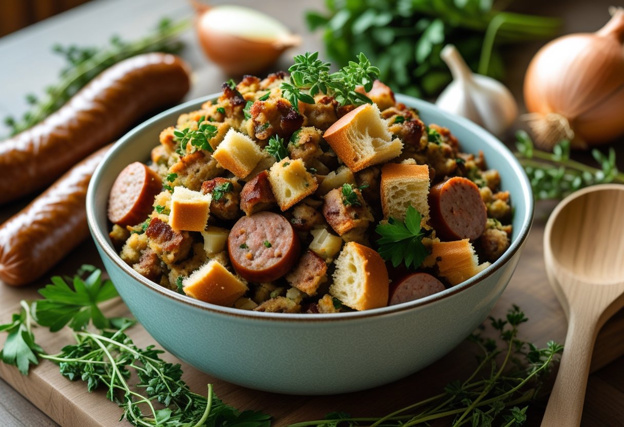 A bowl of sausage and herb stuffing surrounded by fresh ingredients on a wooden countertop.