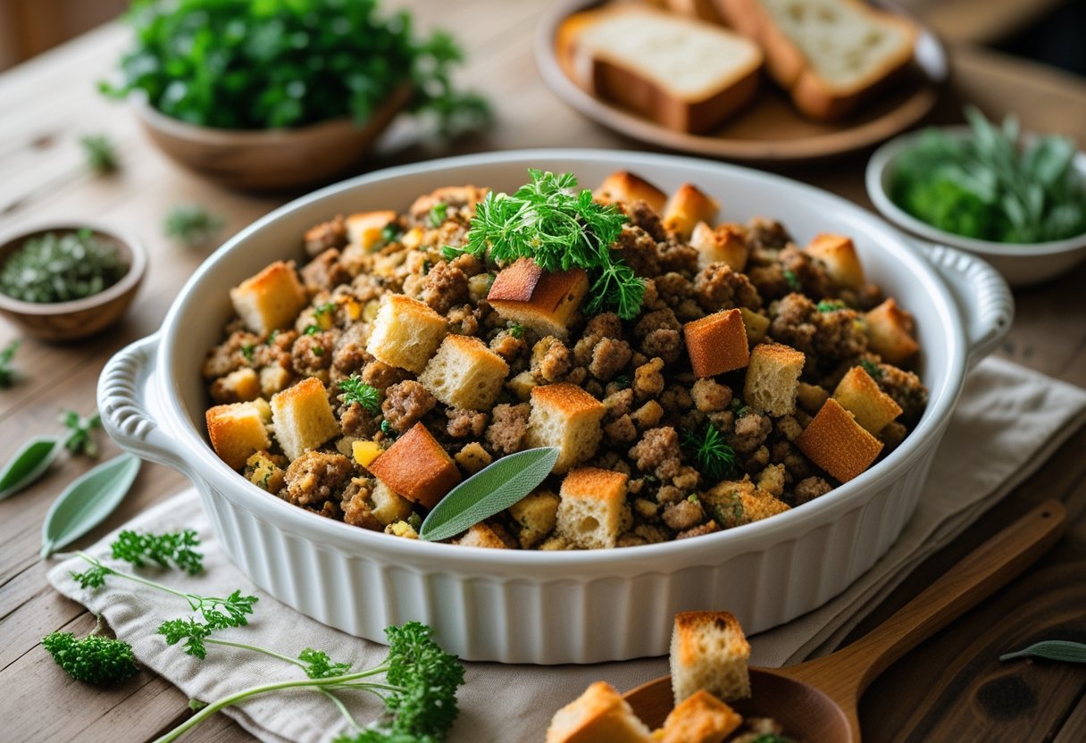 A serving dish filled with sausage-and-herb stuffing on a wooden table, surrounded by fresh herbs and a wooden spoon.