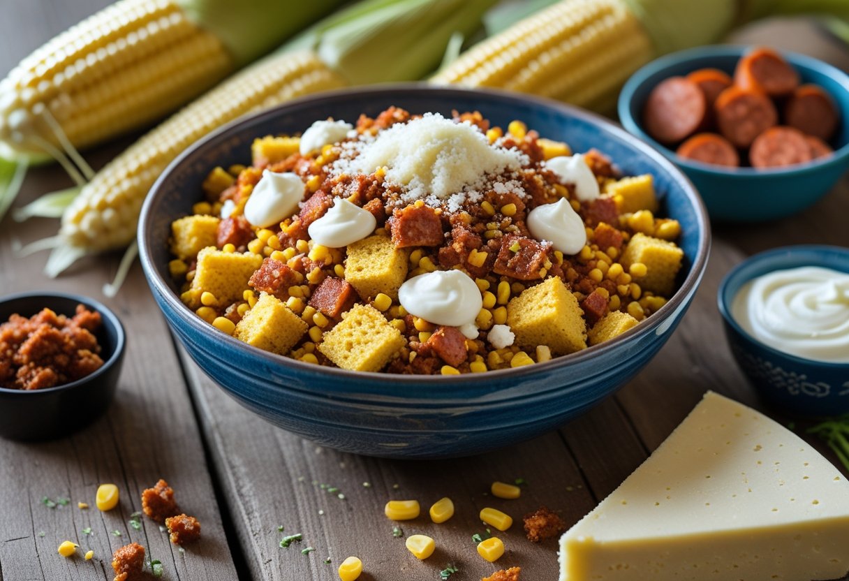 A bowl of esquites cornbread stuffing with corn, chorizo, crema, and queso on a wooden table surrounded by fresh ingredients.