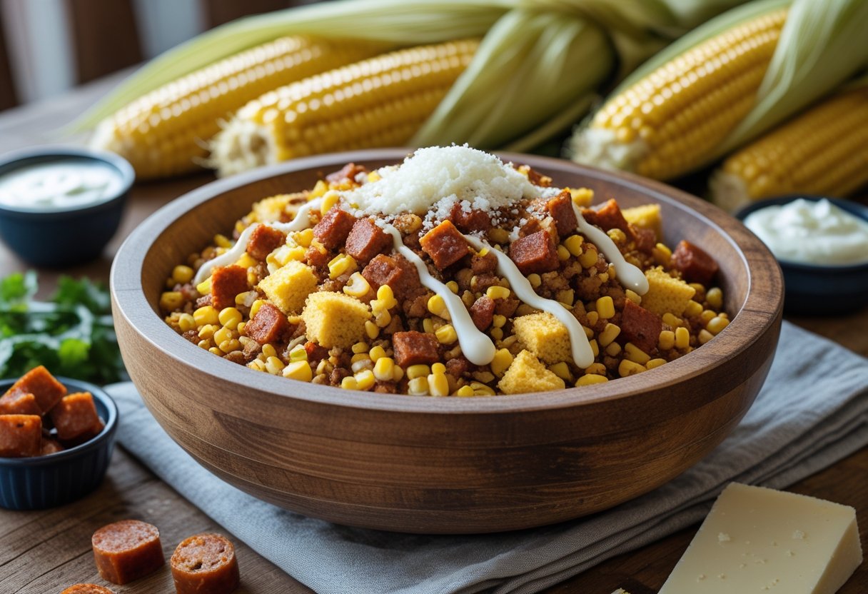A bowl of esquites cornbread stuffing with corn, chorizo, crema, and queso on a wooden table surrounded by fresh ingredients.
