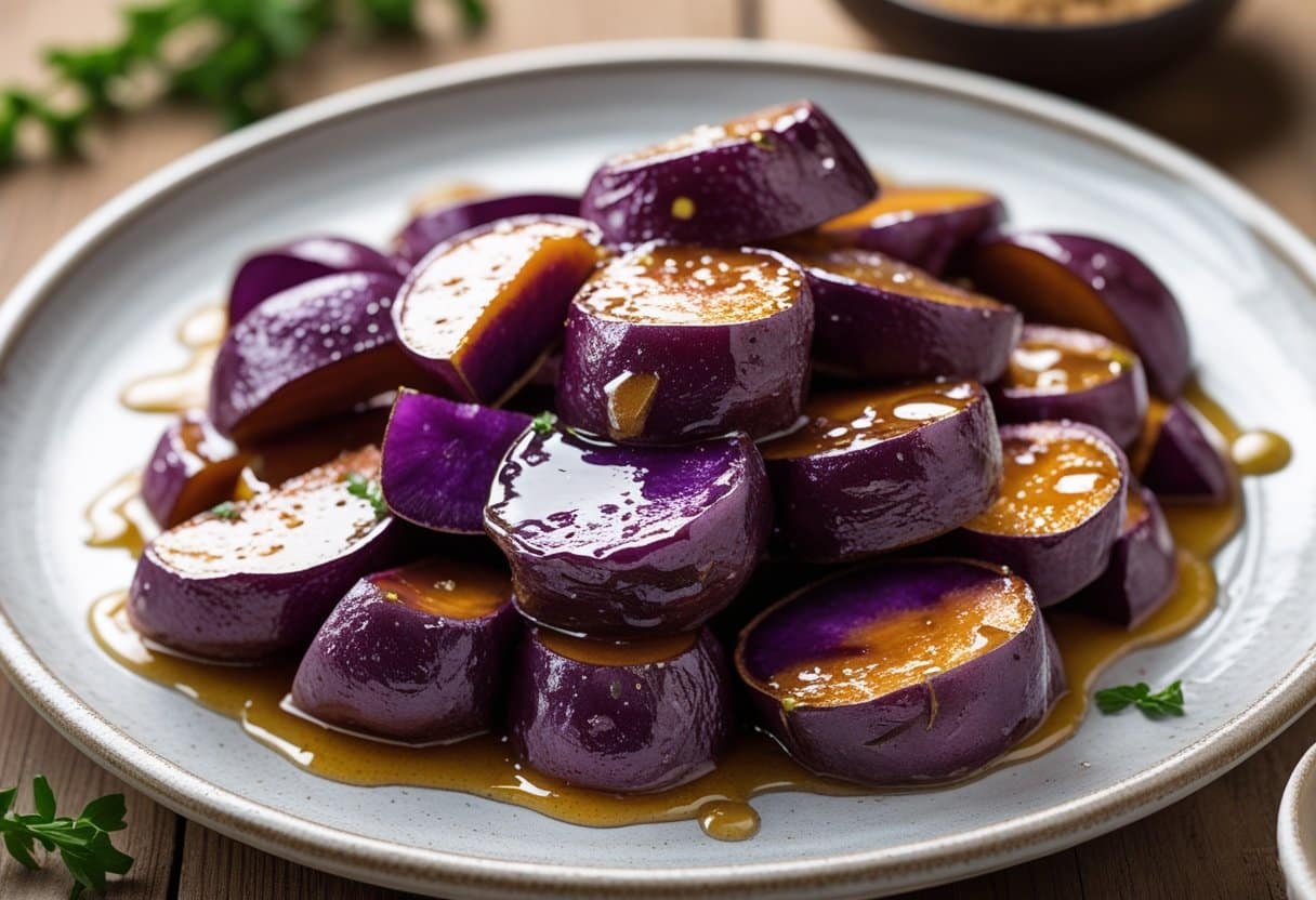 A plate of glossy candied purple sweet potatoes on a wooden table with soft natural lighting.