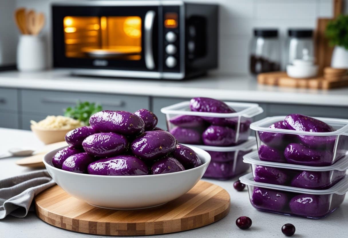 A bowl of candied purple sweet potatoes on a kitchen countertop with glass storage containers and a microwave in the background.