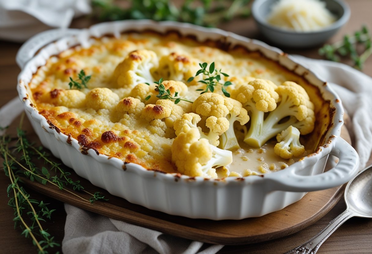 A freshly baked cauliflower gratin in a white ceramic dish on a wooden table, topped with melted golden cheese.