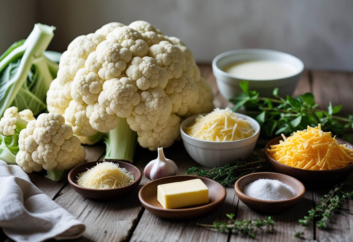 Fresh cauliflower florets, shredded cheddar cheese, Parmesan cheese, cream, garlic, thyme, breadcrumbs, butter, salt, and pepper arranged on a wooden surface.