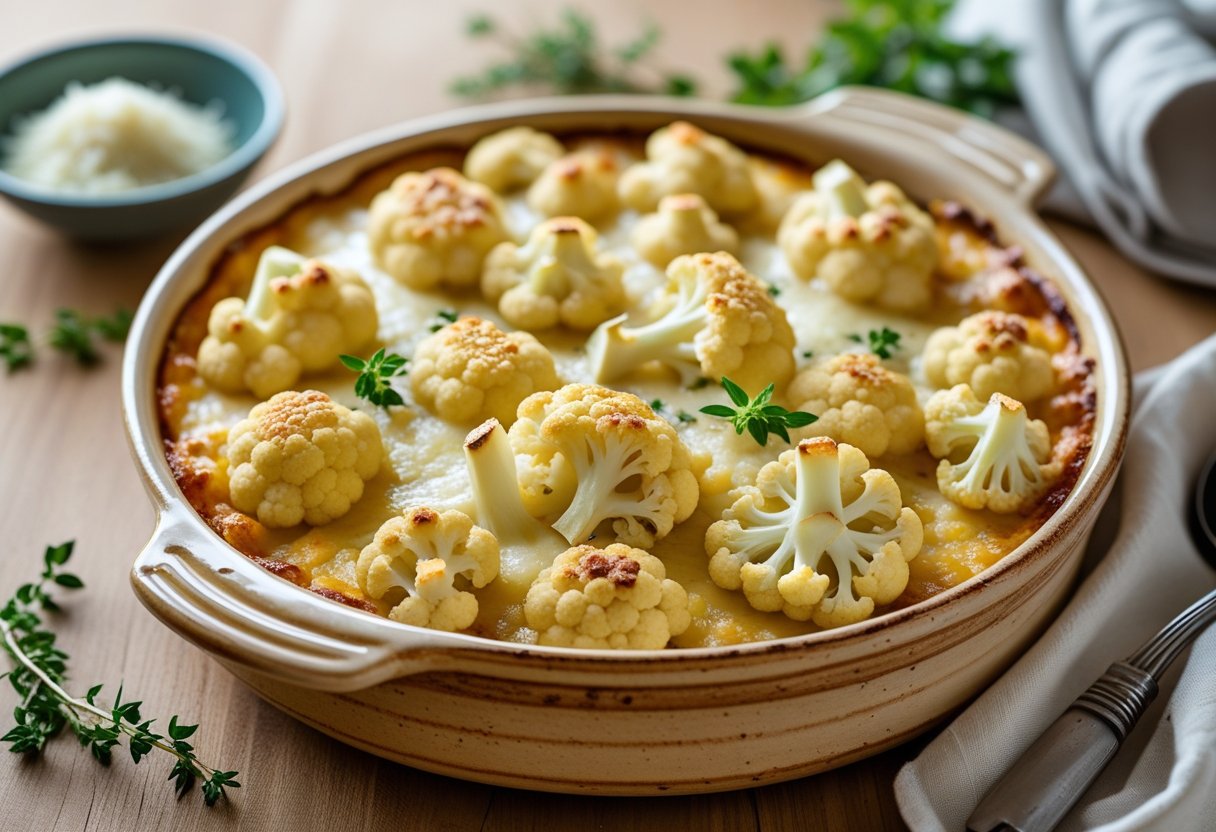 A freshly baked cheesy cauliflower gratin in a rustic baking dish on a wooden table with melted golden cheese and fresh herbs nearby.