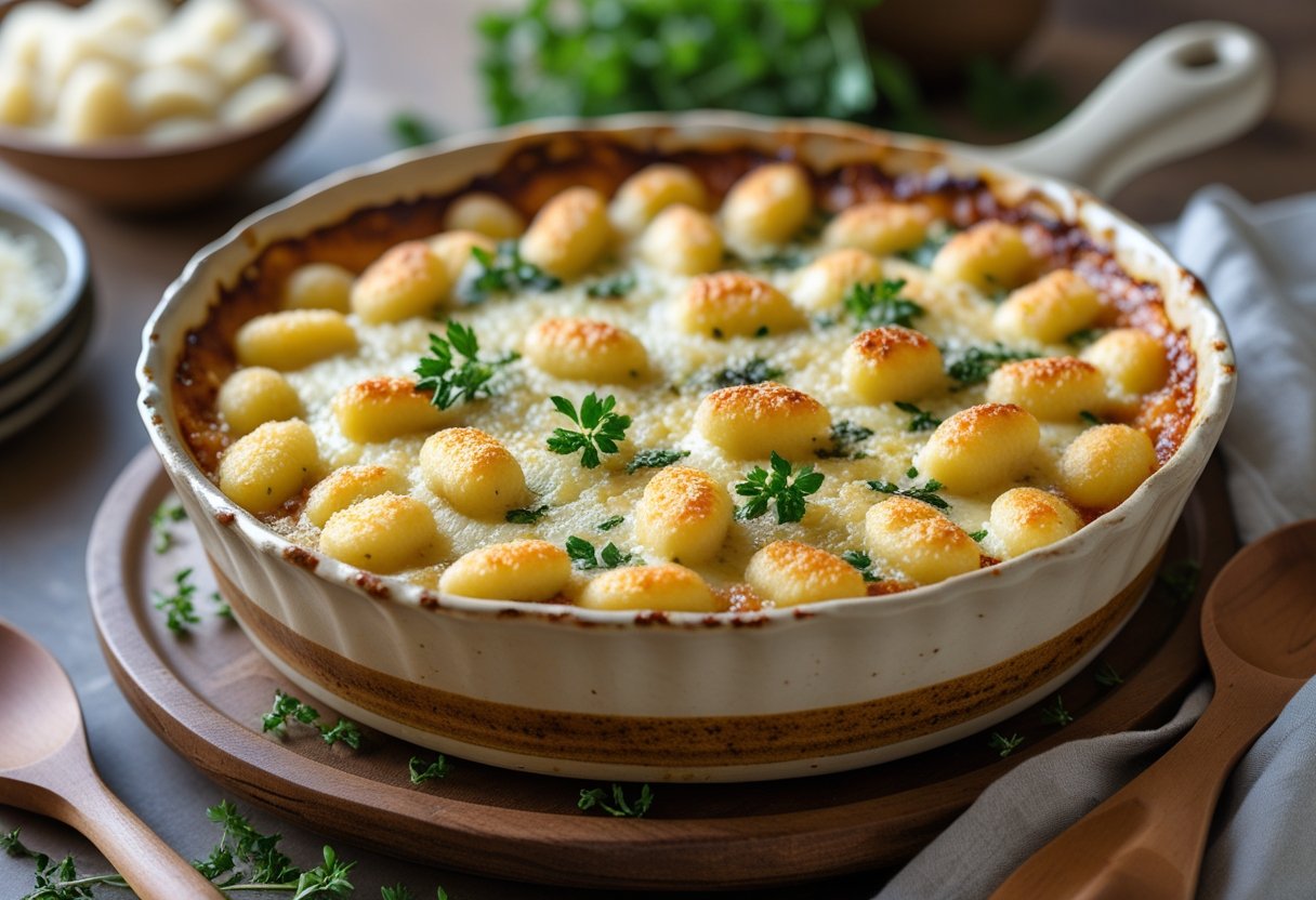 A baked gnocchi gratin with a golden cheese crust in a ceramic dish on a wooden table, garnished with fresh herbs.