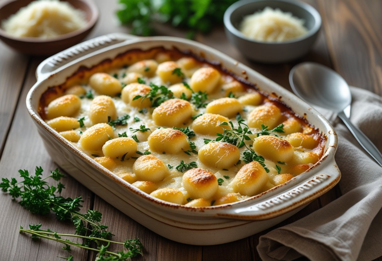 A baked gnocchi gratin with melted golden cheese and fresh herbs in a ceramic dish on a wooden table.