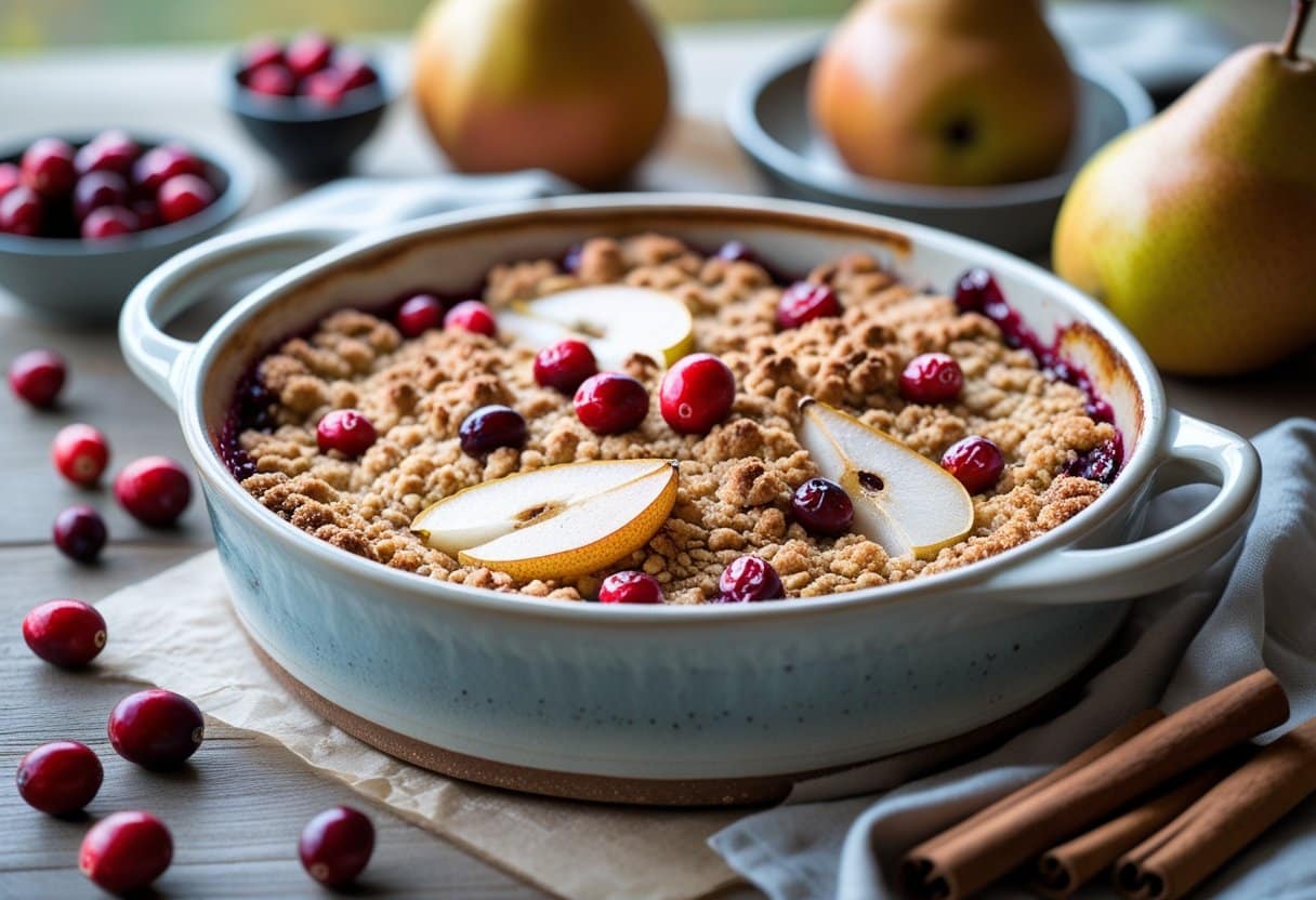 A freshly baked cranberry-pear crisp in a ceramic dish on a wooden table with fresh cranberries and pears nearby.