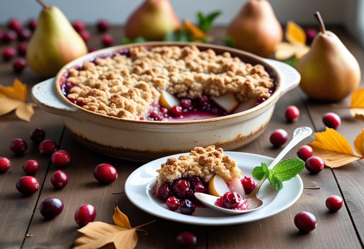 A freshly baked cranberry-pear crisp in a rustic dish on a wooden table surrounded by fresh cranberries, pears, and autumn leaves, with a serving spoon and a plate holding a portion of the dessert.
