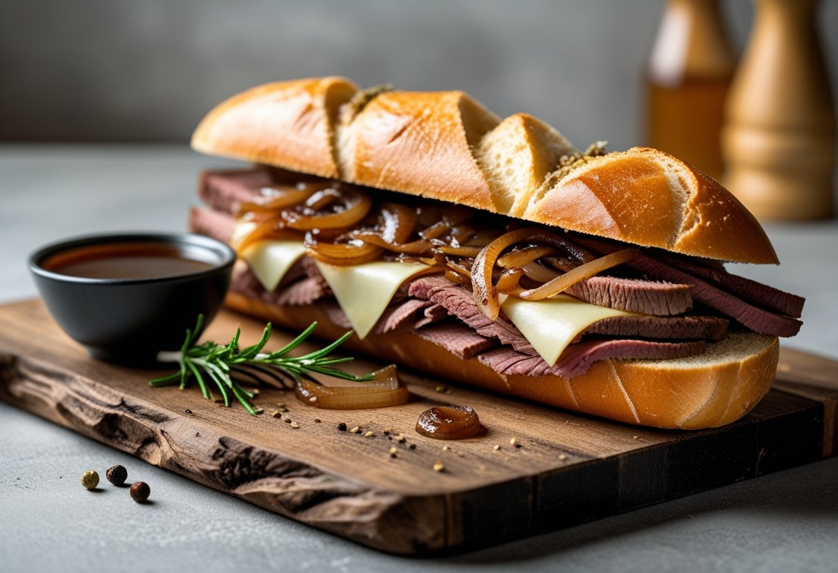 A French Dip sandwich with roast beef and melted cheese on a wooden board next to a bowl of dipping sauce.