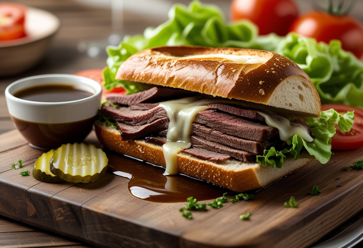 A French dip sandwich with roast beef and melted cheese on a wooden board, accompanied by a bowl of au jus sauce and fresh garnishes.
