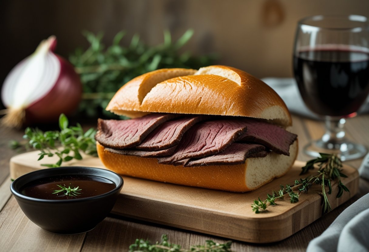 A French Dip sandwich with roast beef on a wooden board next to a bowl of au jus sauce and fresh herbs in a kitchen setting.