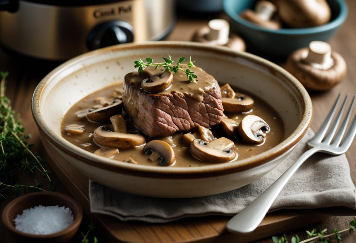 A bowl of cube steak covered in mushroom gravy on a wooden table with fresh mushrooms and a crock pot in the background.
