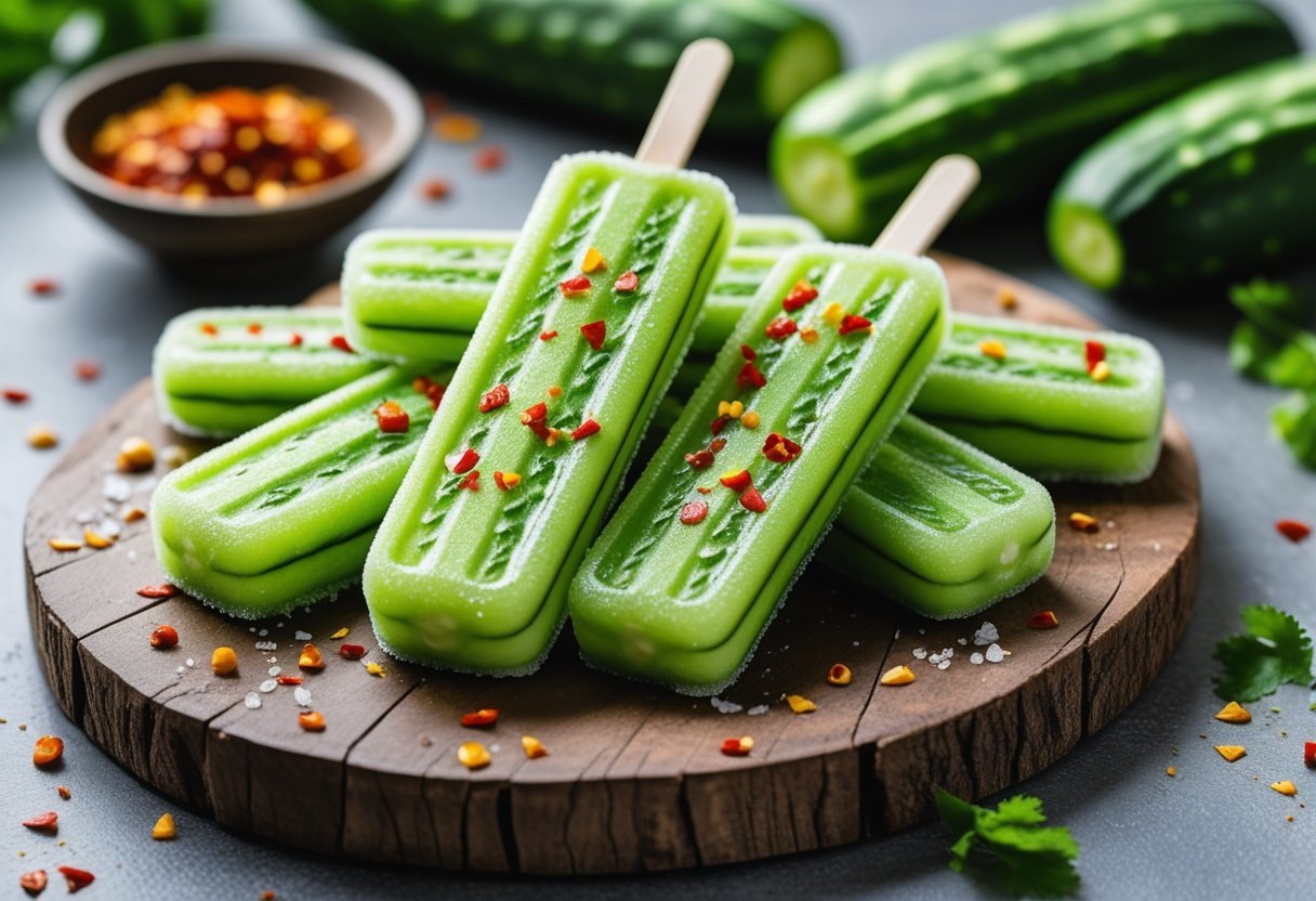 Frozen cucumber pops sprinkled with chili salt on a wooden board with fresh cucumbers and chili flakes in the background.