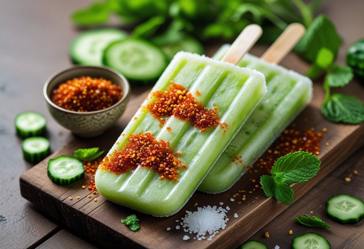 Frozen cucumber pops sprinkled with red chili-sumac salt on a wooden board, accompanied by a small bowl of chili-sumac salt and fresh cucumber slices.