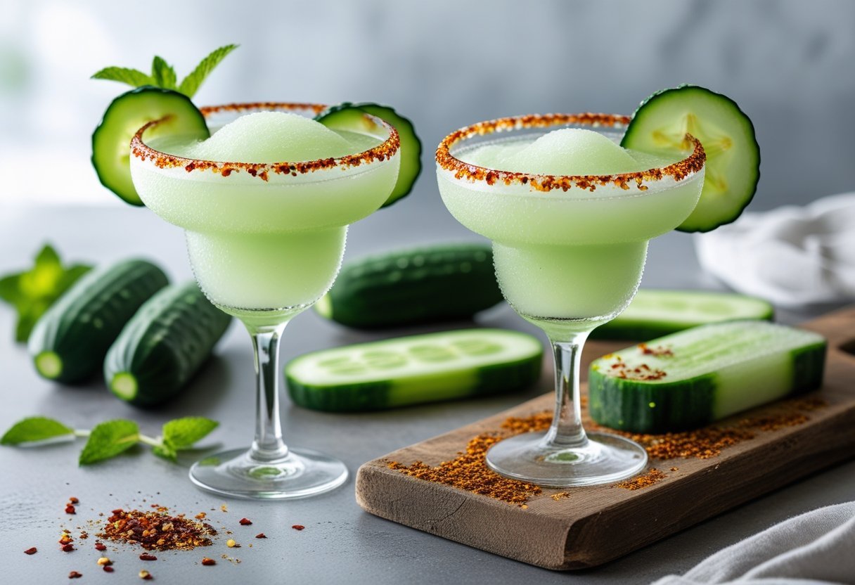 Two frozen cucumber margaritas with chili-sumac salt rims and frozen cucumber pops with chili salt on a wooden board.