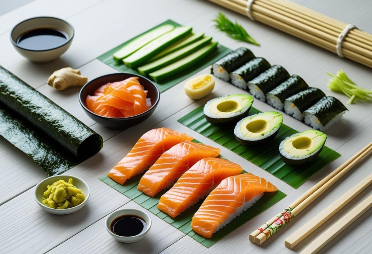 Fresh ingredients and tools arranged on a wooden surface for making sushi pizza, including salmon, avocado, cucumber, nori sheets, sushi rice, soy sauce, bamboo rolling mat, knife, chopsticks, pickled ginger, and wasabi.